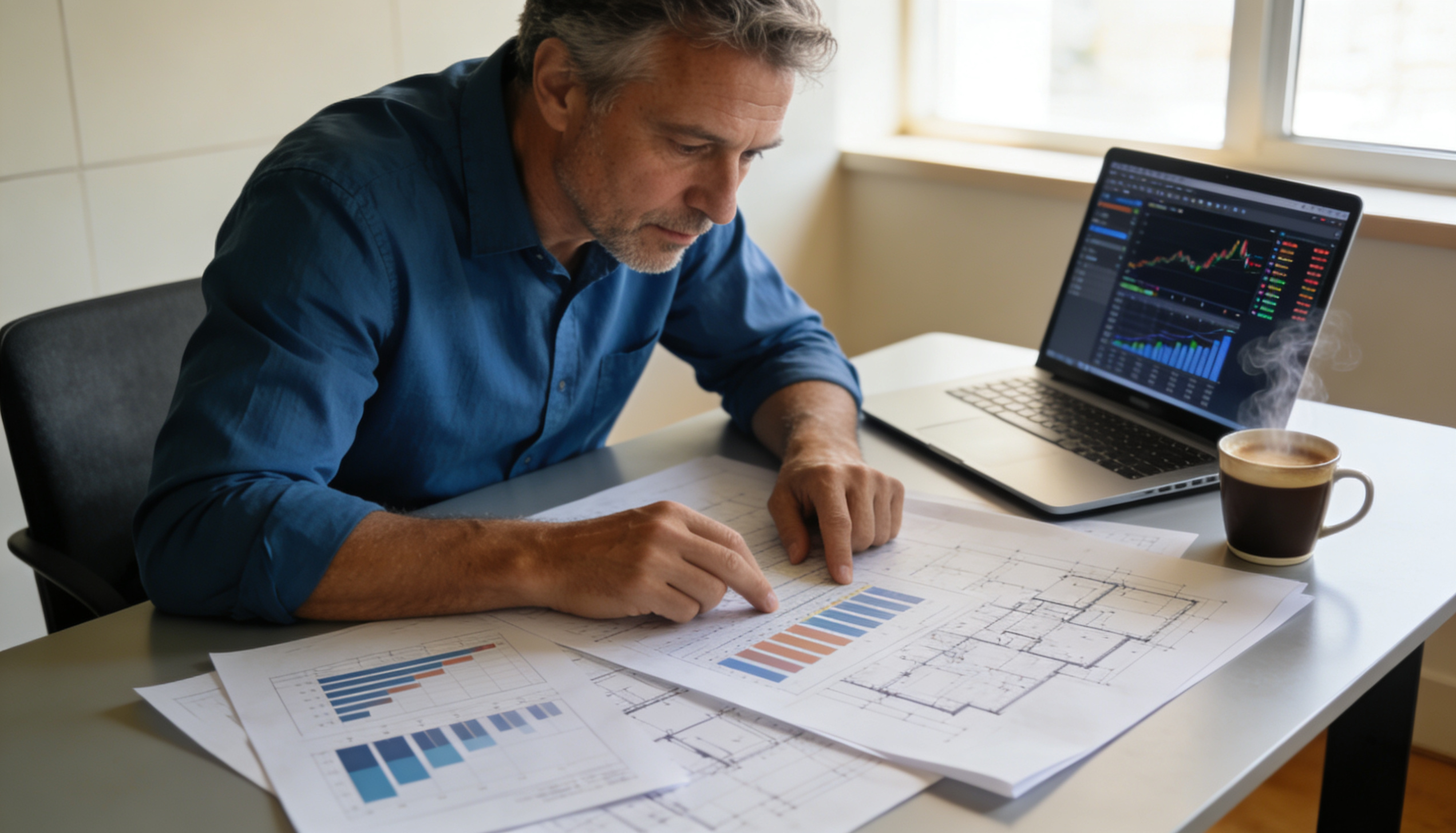 A developer reviewing financial charts and plans for construction in Northern Ireland.