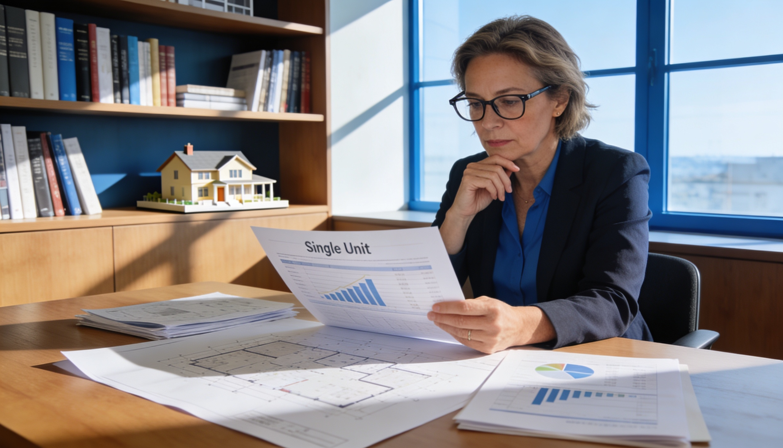 A developer reviewing plans and financial documents for a single unit property development.