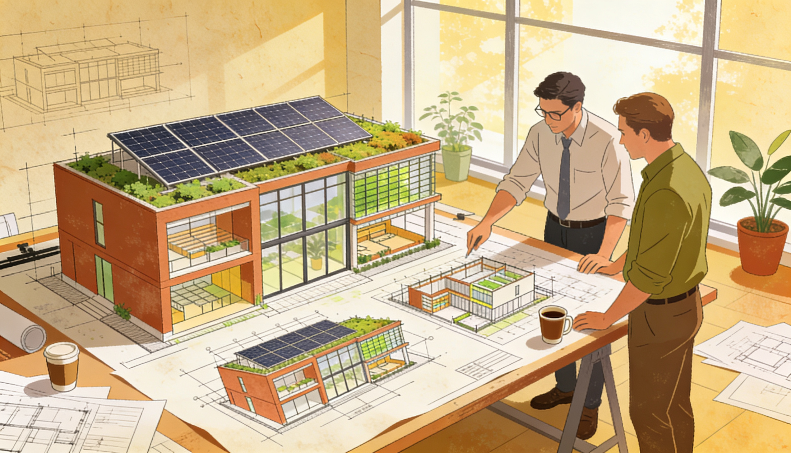 A developer reviewing plans for eco-friendly buildings with green trees in the background.