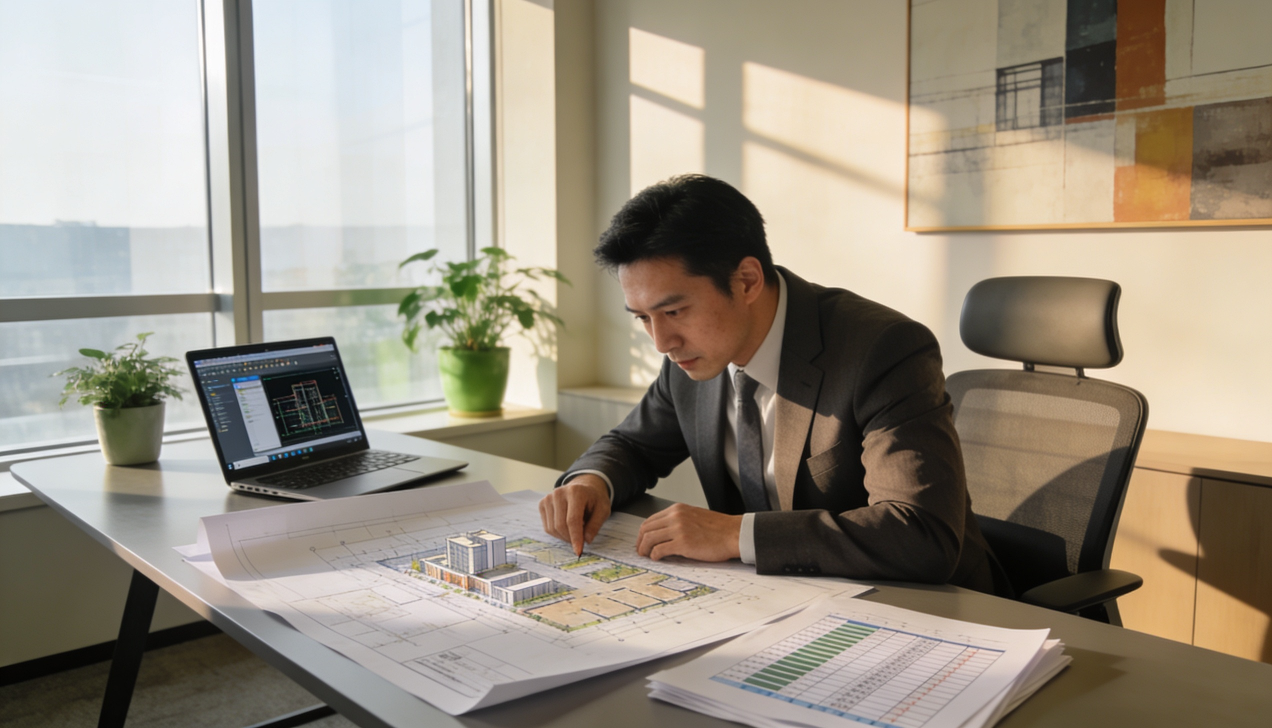 A developer reviewing project plans with a construction site in the background.