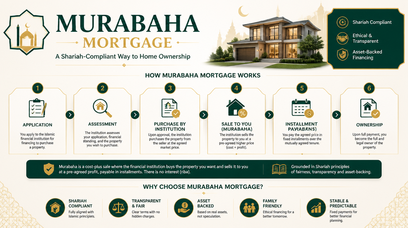 A diagram illustrating the Murabaha mortgage process with Arabic design elements.