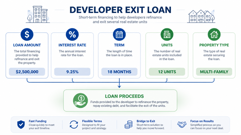 A diagram illustrating the structure of a developer exit loan for multiple real estate units.