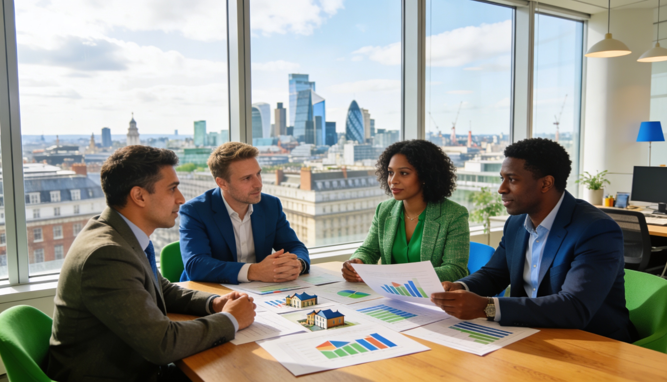 A diverse group of investors discussing property investment in the UK with mortgage documents in hand.