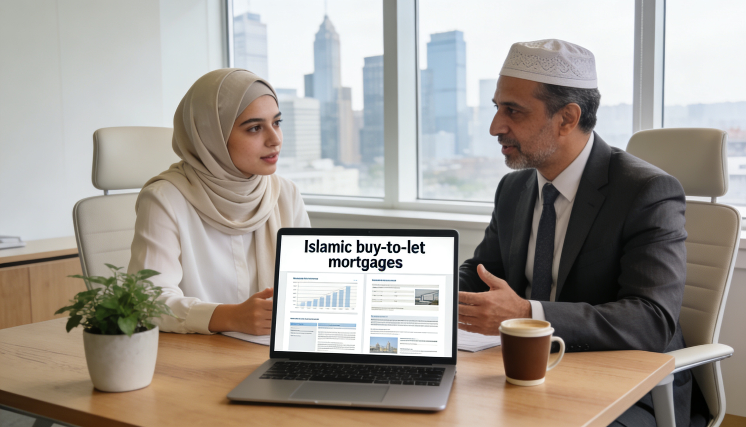 A diverse group of people discussing Islamic buy-to-let mortgage options in a modern office.