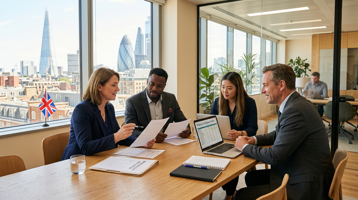 A diverse group of people discussing finance options in a modern UK office.