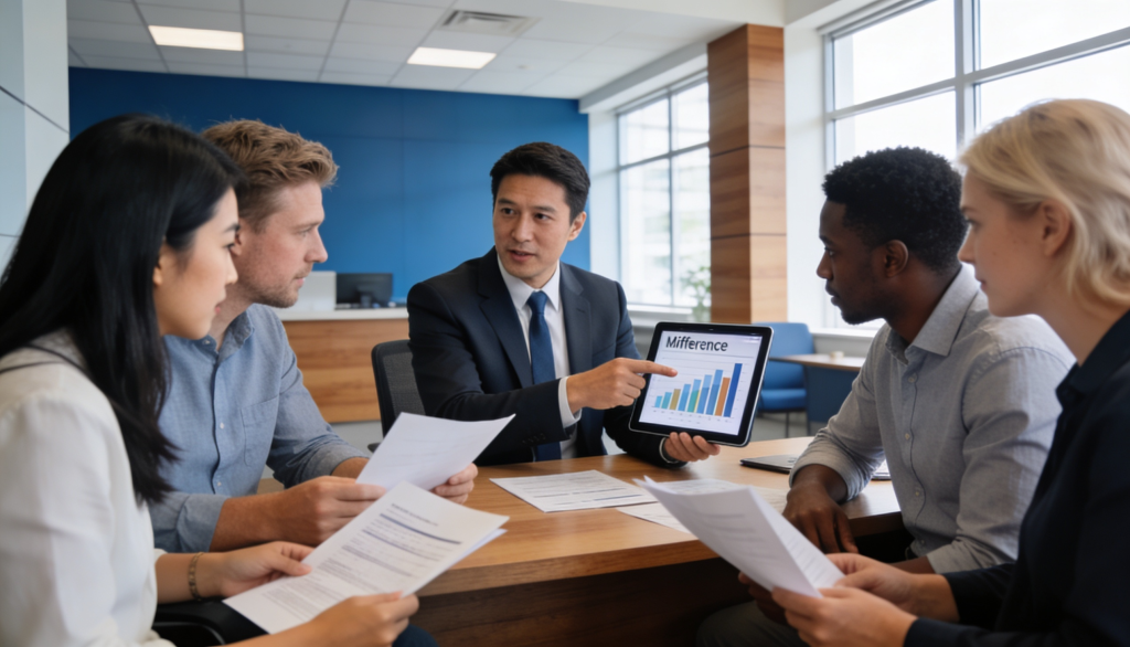 A diverse group of people discussing mortgage options at a bank office.