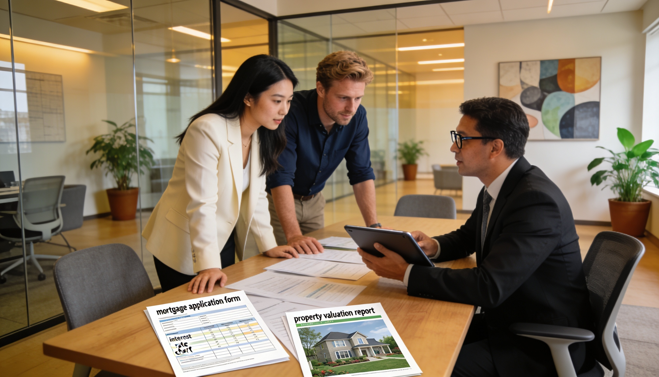 A diverse group of people discussing mortgage options in a cozy office setting.