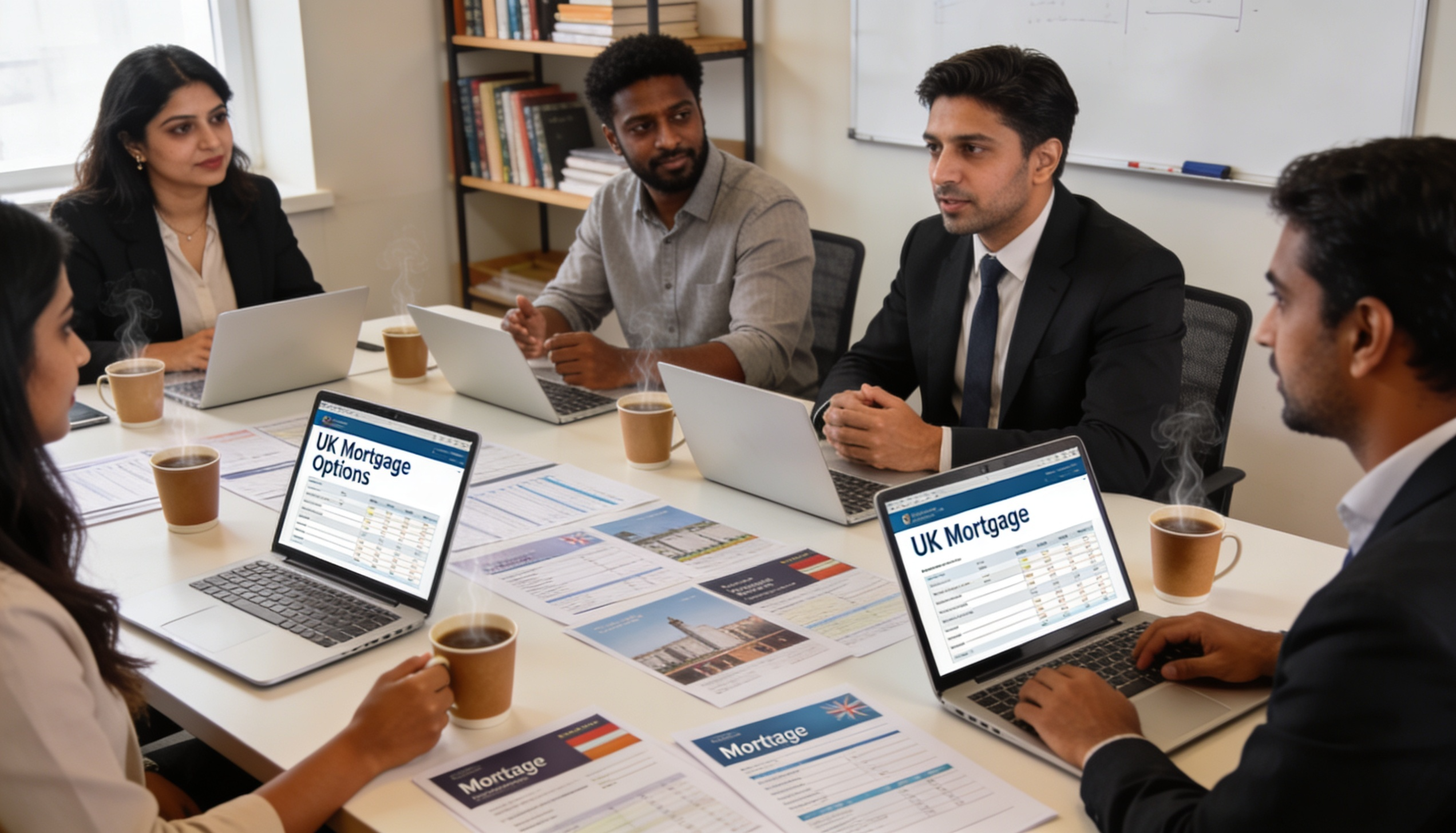 A diverse group of people discussing mortgage options in a modern office setting.