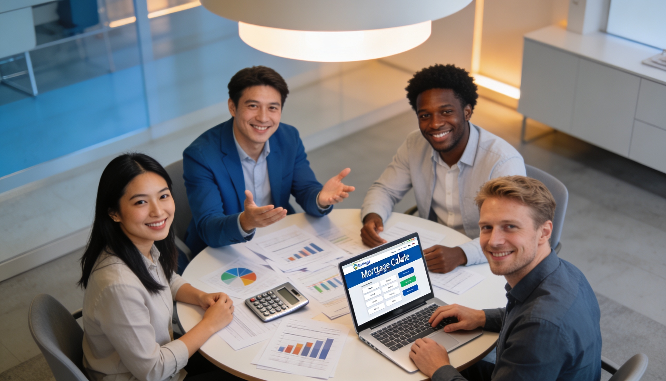 A diverse group of people discussing mortgage options with documents and a calculator.