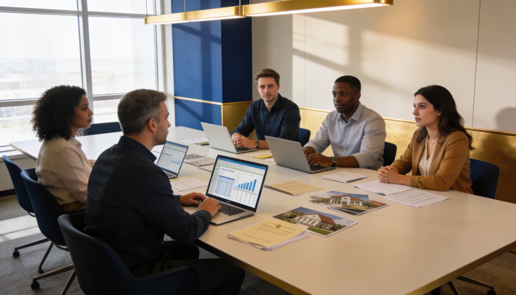 A diverse group of people discussing property finance in a modern office setting.