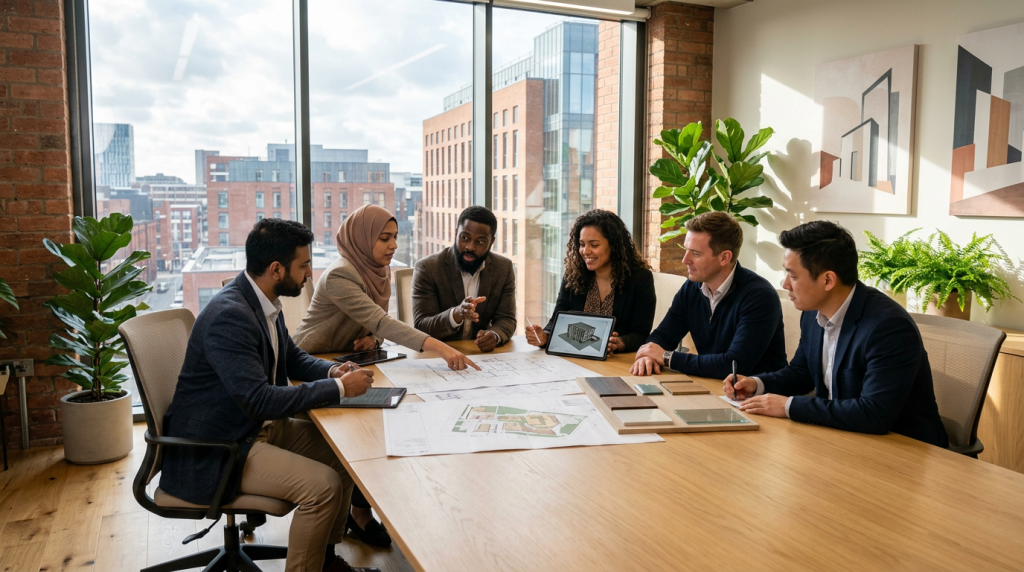 A diverse group of people discussing refurbishment plans in a modern UK office.