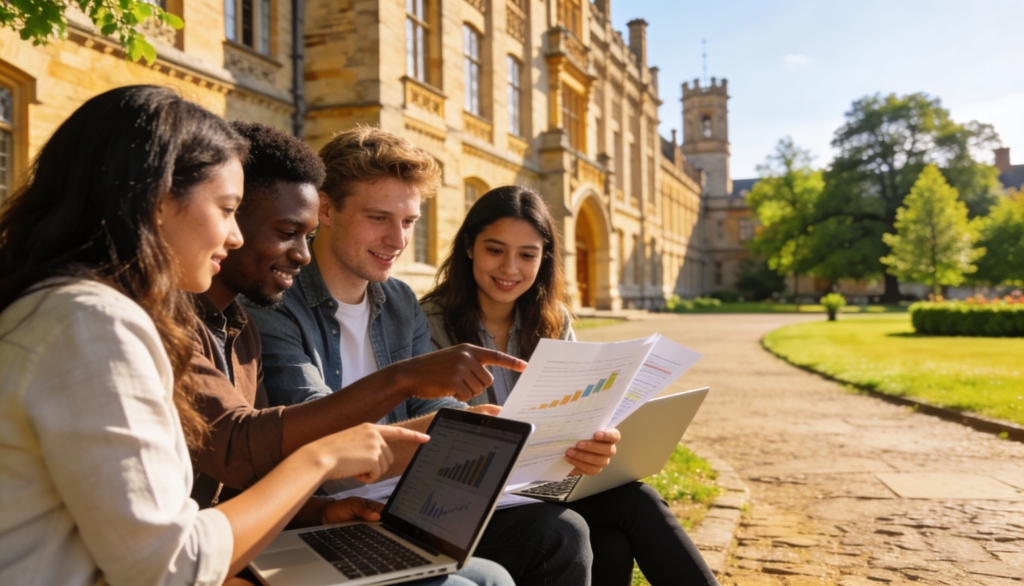 A diverse group of students discussing property investments in front of a university building.