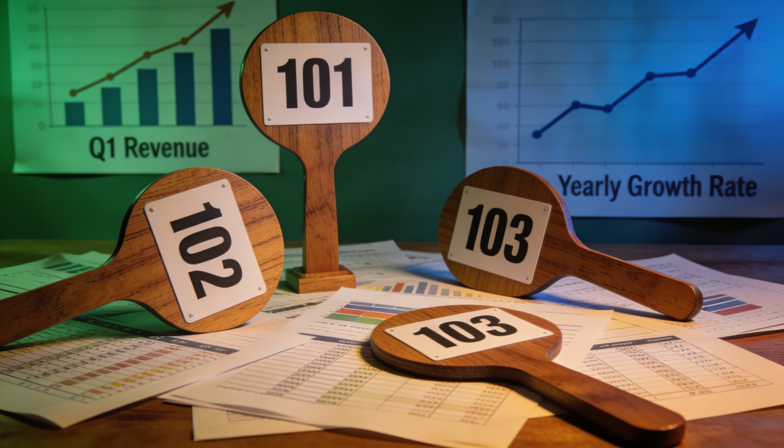 A diverse portfolio displayed with auction paddles and financial documents on a wooden table.