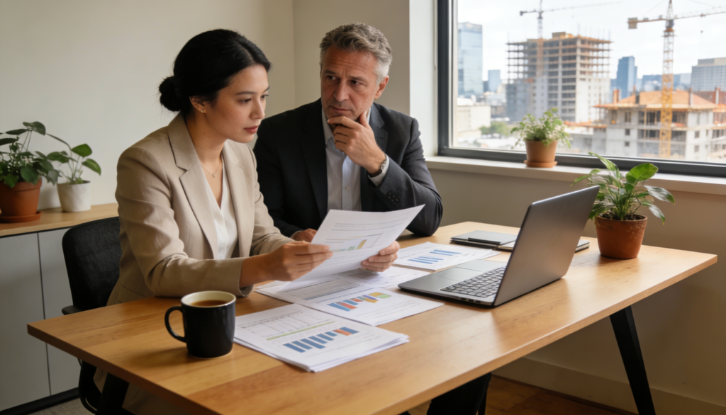 A financial advisor discussing loan options with a small-scale developer in an office.