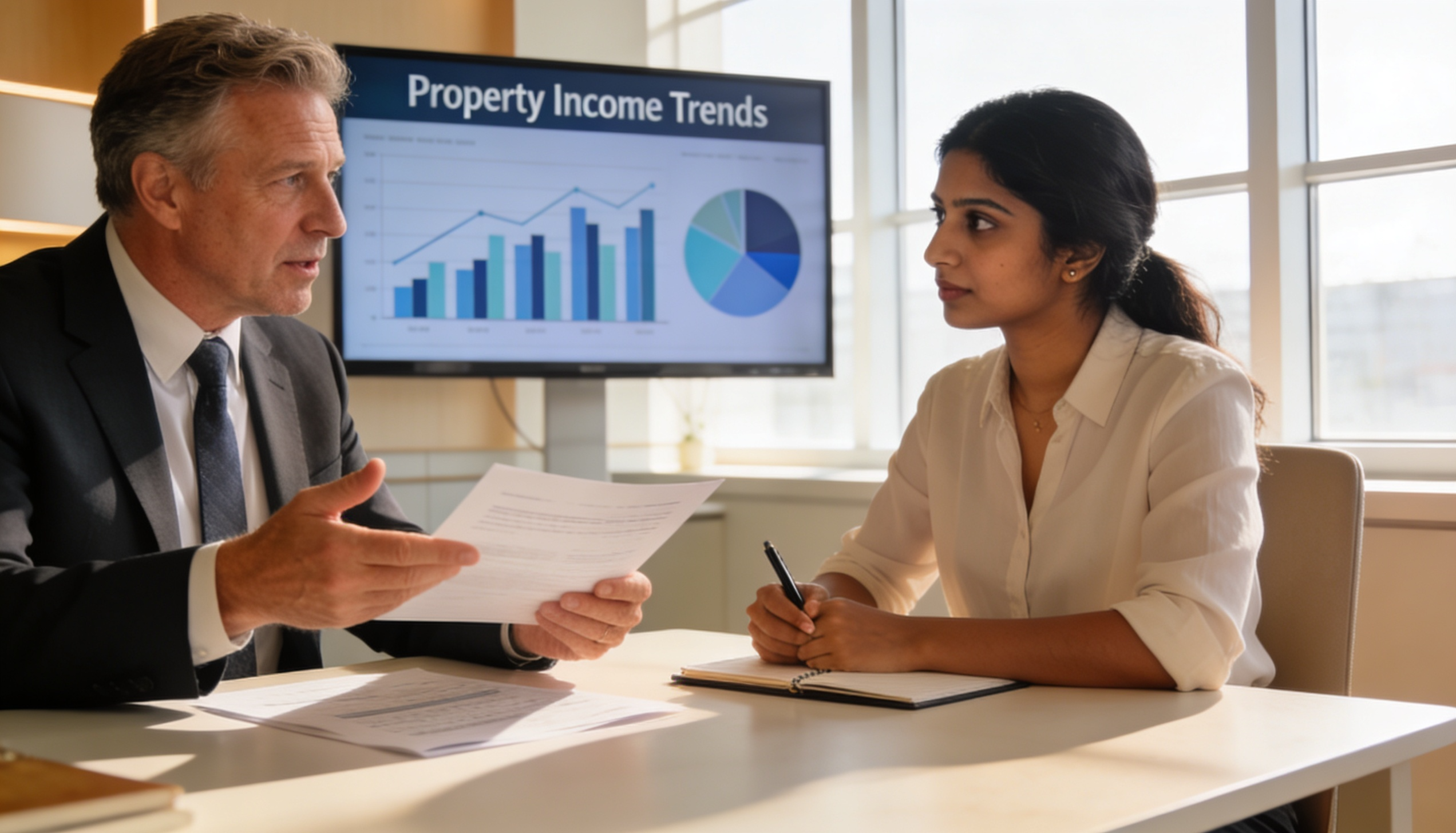 A financial advisor explaining tax impacts on property investments to a client.