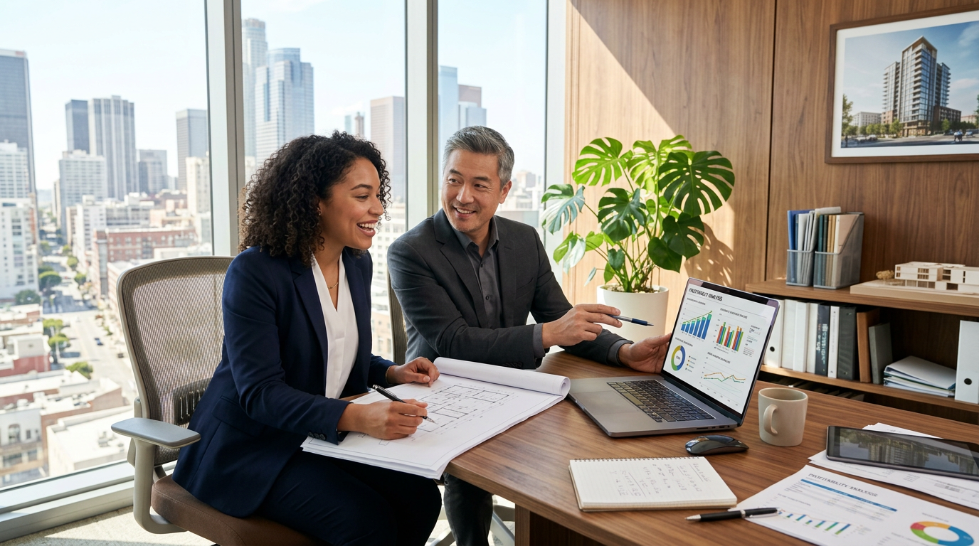 A first-time developer reviewing refurbishment finance options in a modern office setting.