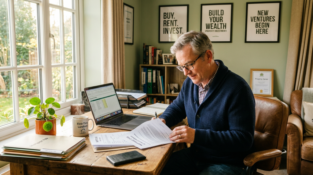 A first-time landlord reviewing mortgage documents in a cozy home office.