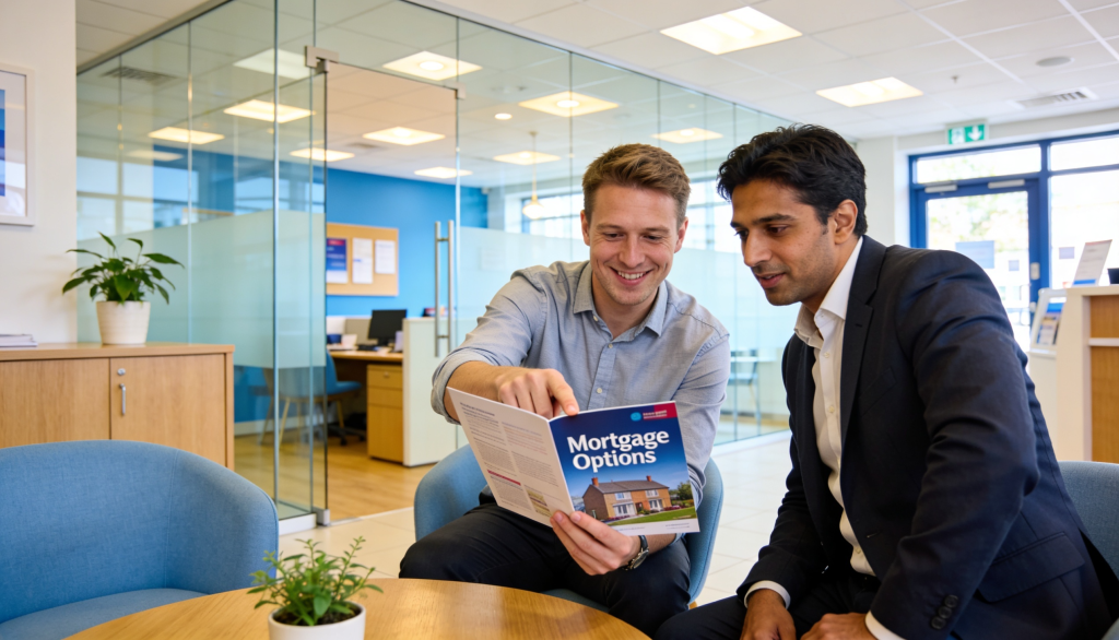 A foreign national discussing banking options at a UK bank branch.