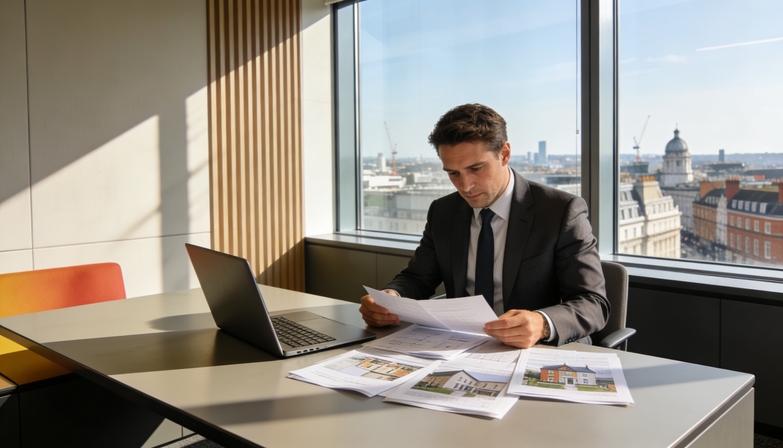 A foreign national reviewing property documents in a UK office setting.