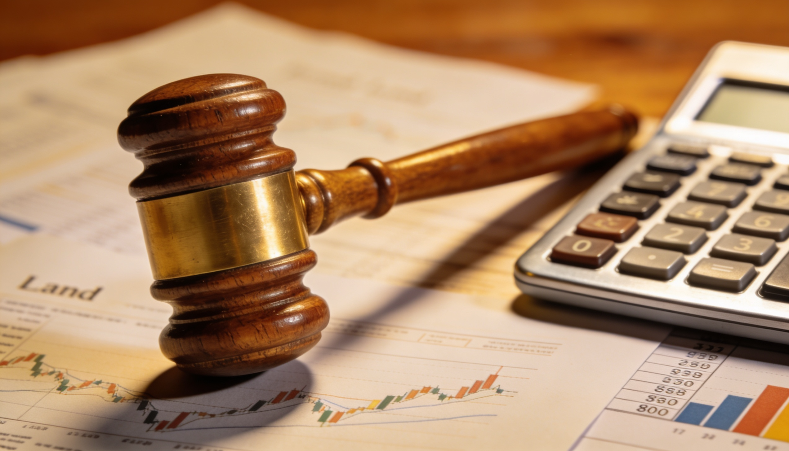 A gavel on a table surrounded by land purchase documents and a calculator.