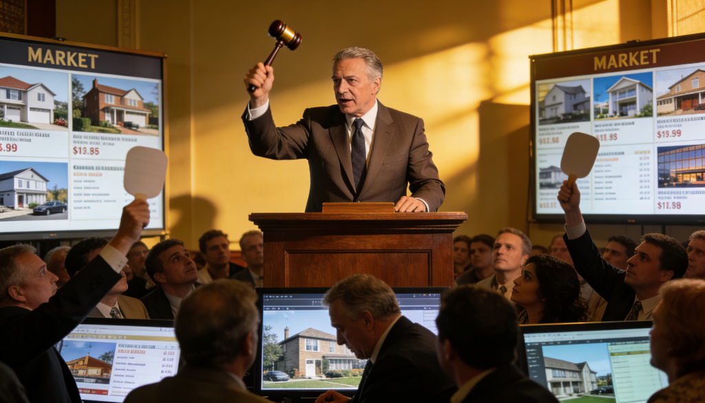 A gavel striking down at an auction with real estate properties in the background.