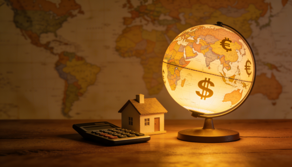 A globe with currency symbols, a house, and a calculator illustrating overseas landlord taxes.