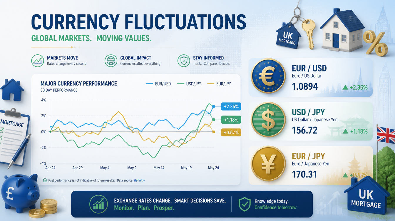 A graph showing currency fluctuation trends with UK mortgage symbols and foreign currency icons.