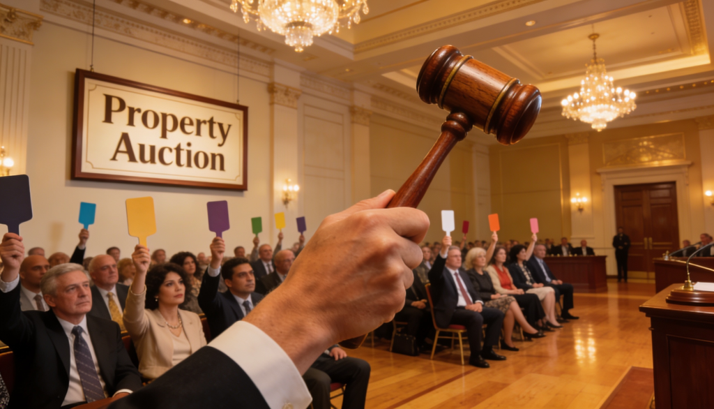 A hand holding a gavel over a property auction sign with a crowd in the background.