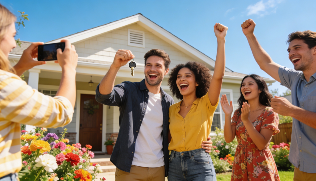 A happy couple celebrating their property auction win with keys in hand.