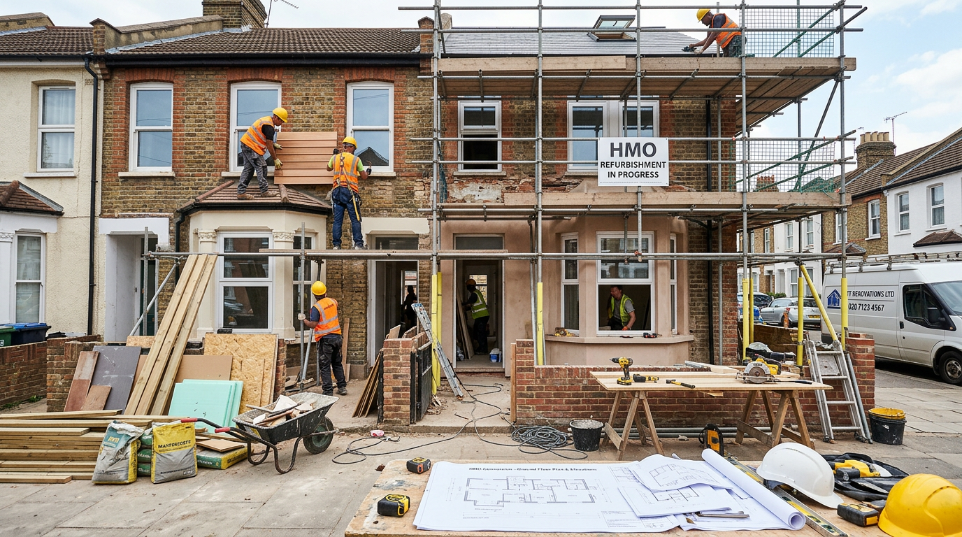 A house under renovation with construction materials, showcasing transformation into an HMO.