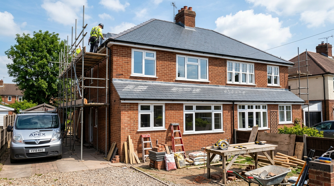 A house undergoing refurbishment with new roof and windows, showcasing construction tools and materials.