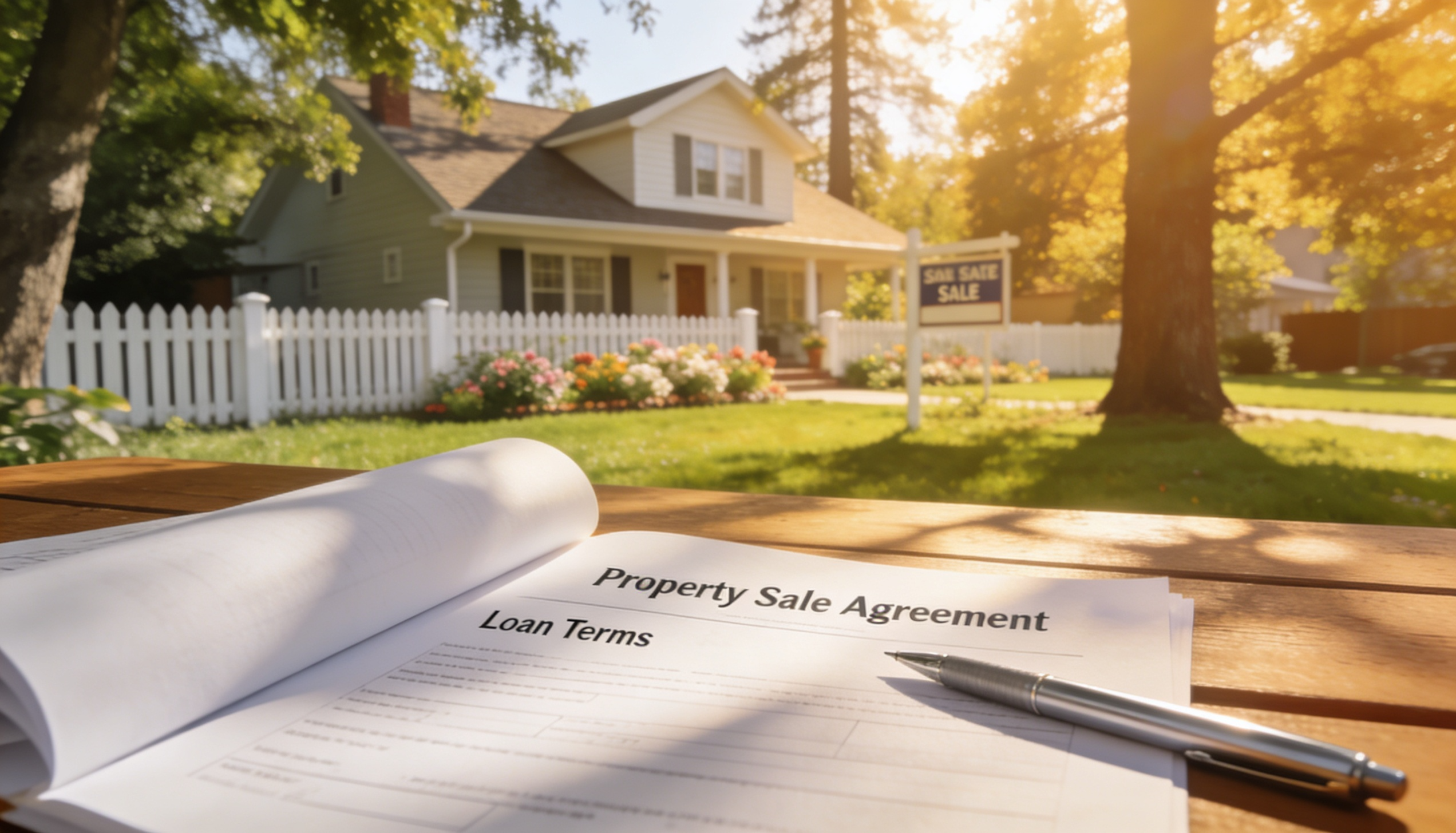 A house with a 'For Sale' sign and a mortgage document on a table, symbolizing HMO and mortgages.