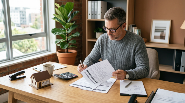 A landlord reviewing mortgage documents with a calculator and a house model on a desk.