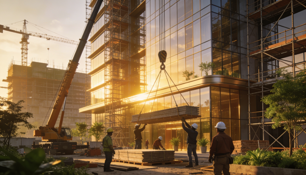 A luxurious property development site with modern architecture and construction workers in action.