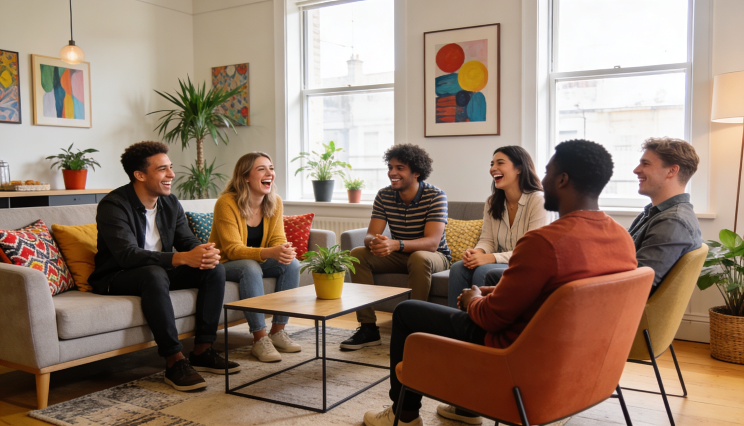 A modern HMO property with professional tenants socializing in a living room.