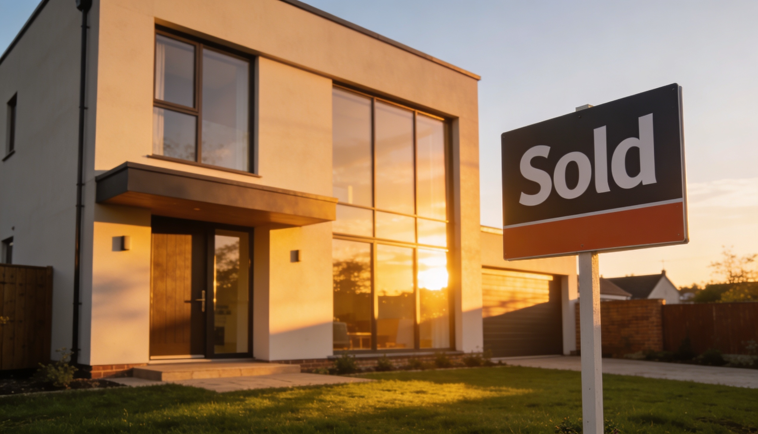 A modern UK new build property with a 'Sold' sign and a sunset in the background.