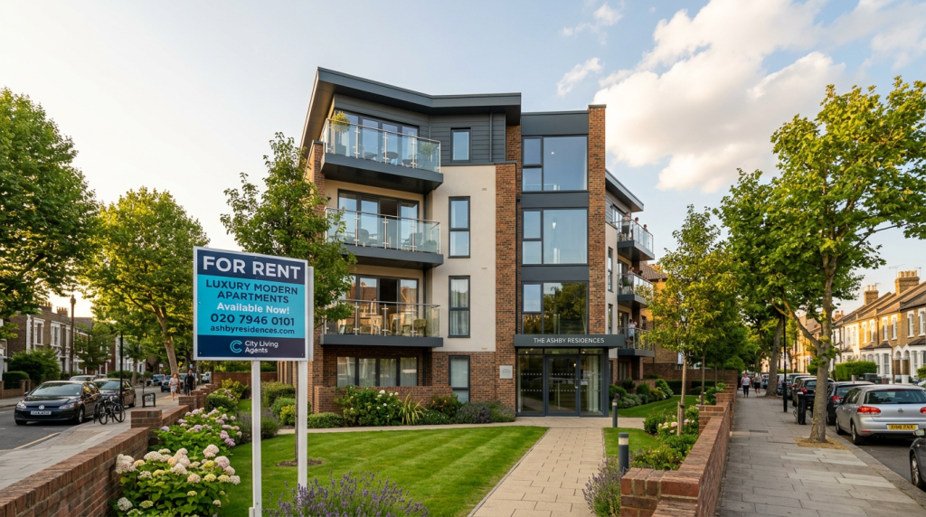 A modern apartment building that was once a council property, with a 'For Rent' sign in front.
