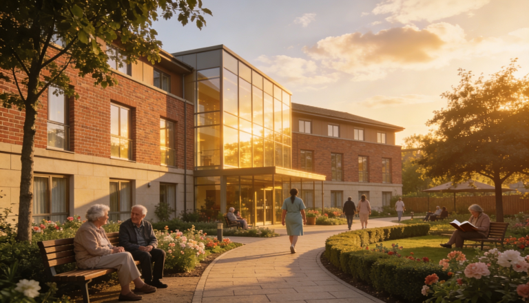 A modern care home building with a welcoming entrance and landscaped gardens.