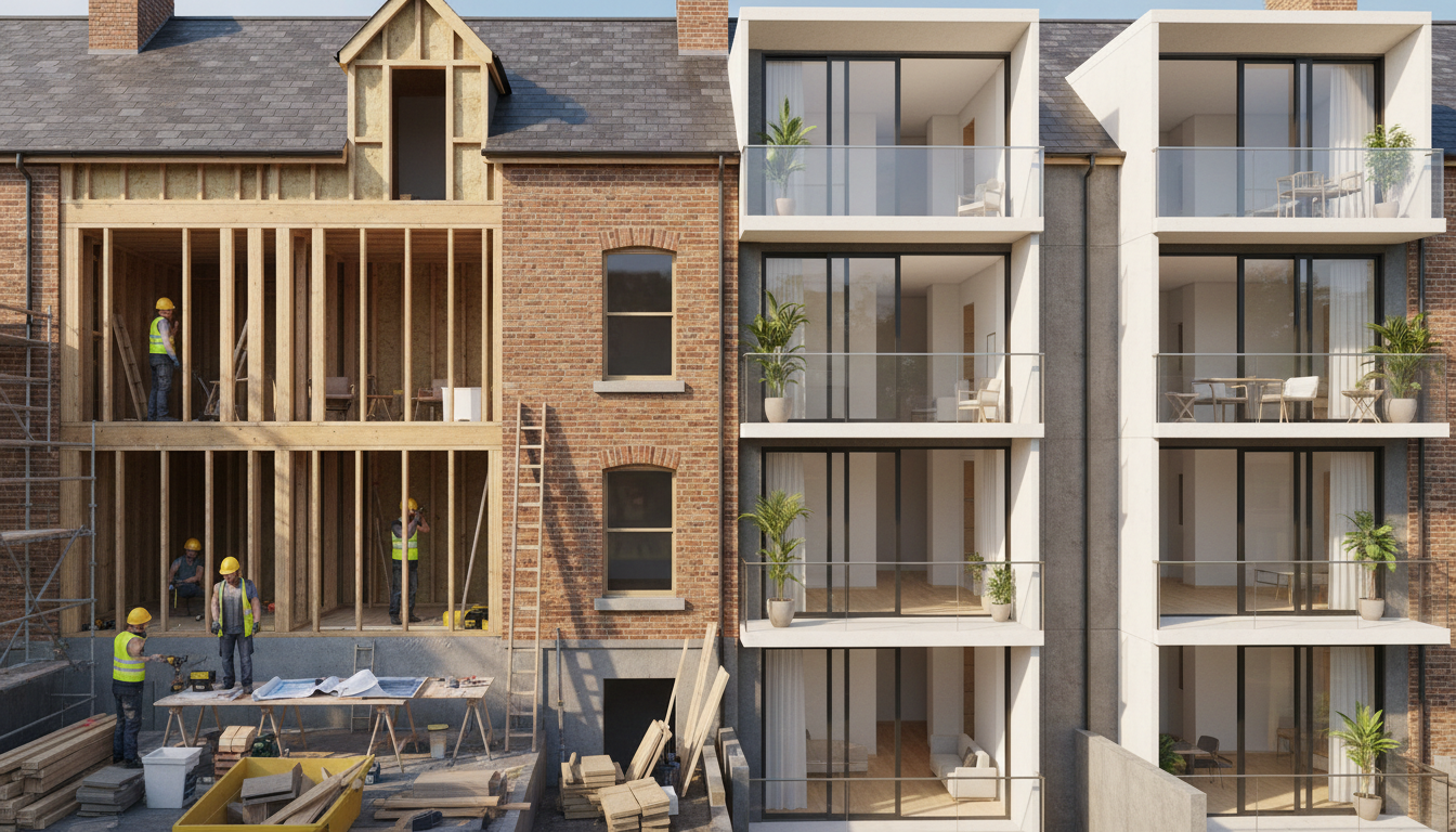 A modern home being converted into multiple stylish flats, showing construction and design elements.