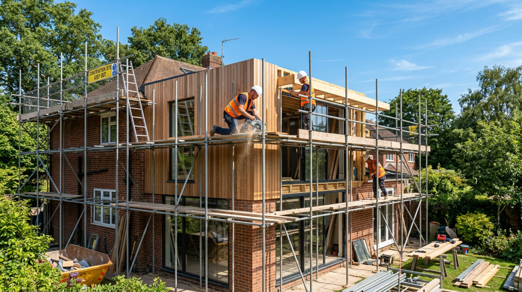 A modern home extension under construction with scaffolding and tools visible.