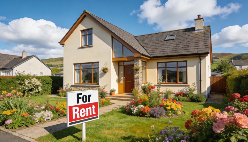 A modern home in Northern Ireland with a 'For Rent' sign and lush greenery around it.