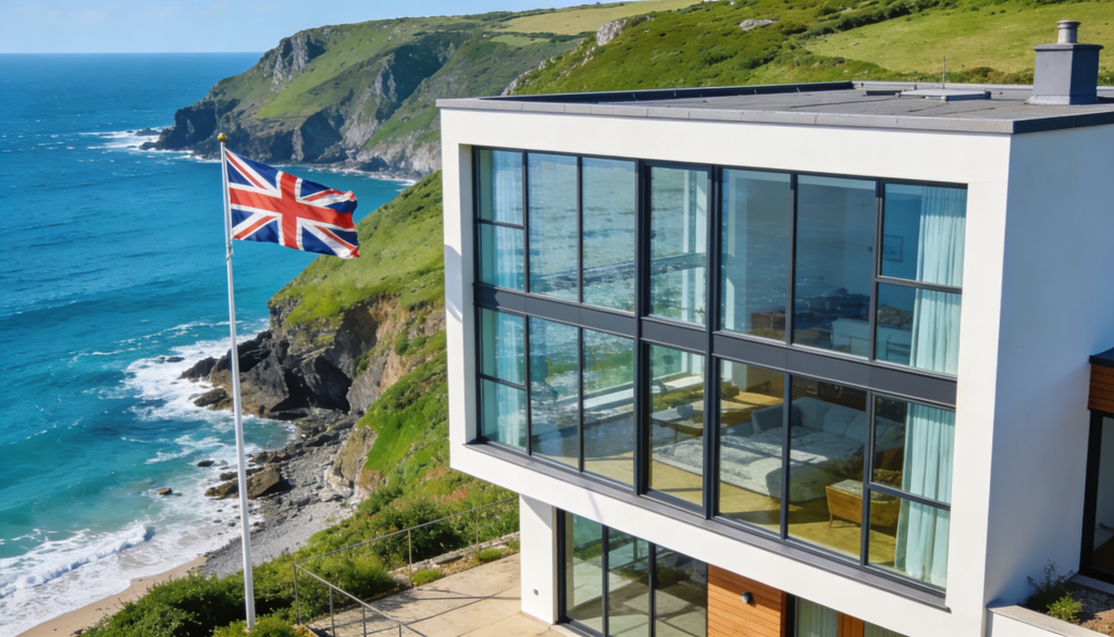 A modern home in the Channel Islands with a scenic coastal view and a British flag nearby.