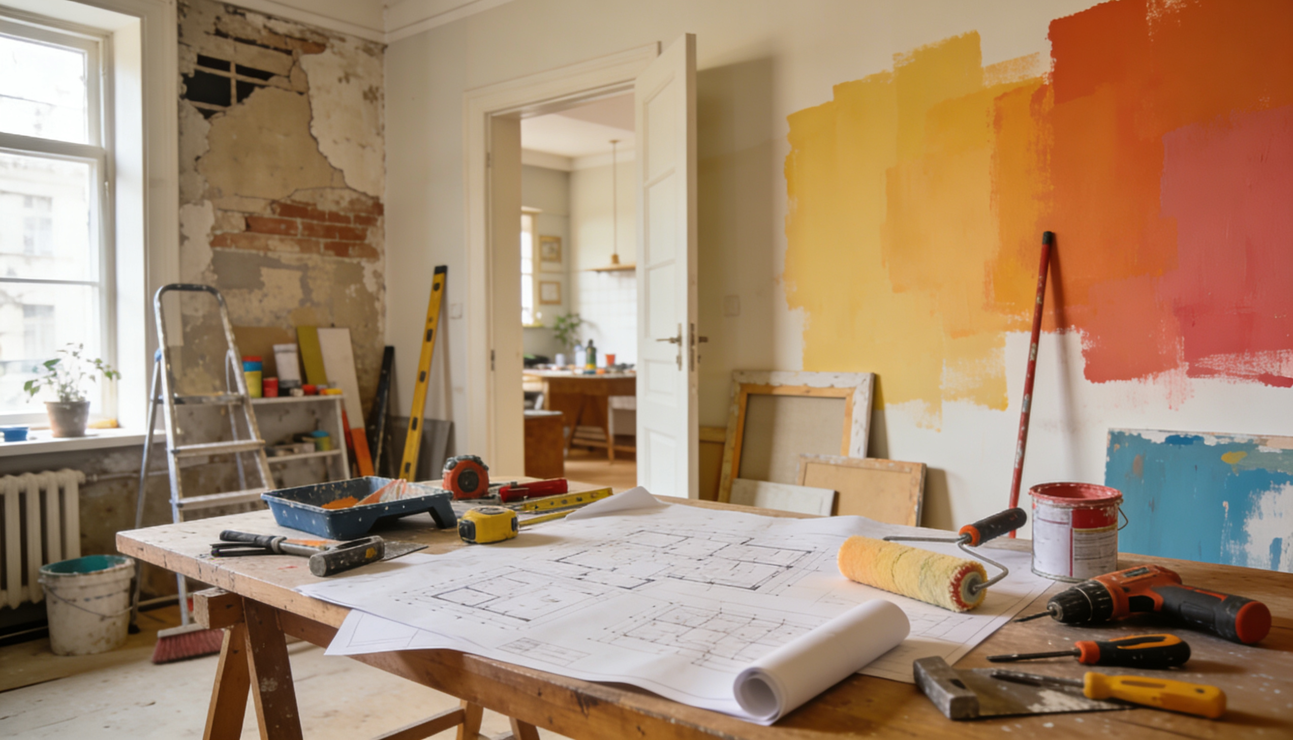 A modern home undergoing refurbishment, showcasing construction tools and design plans.