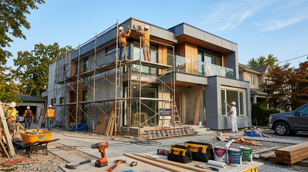 A modern home undergoing refurbishment, showcasing construction tools and materials.