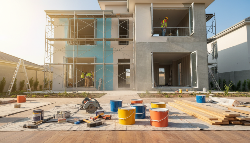 A modern home undergoing renovation with construction tools and materials scattered around.