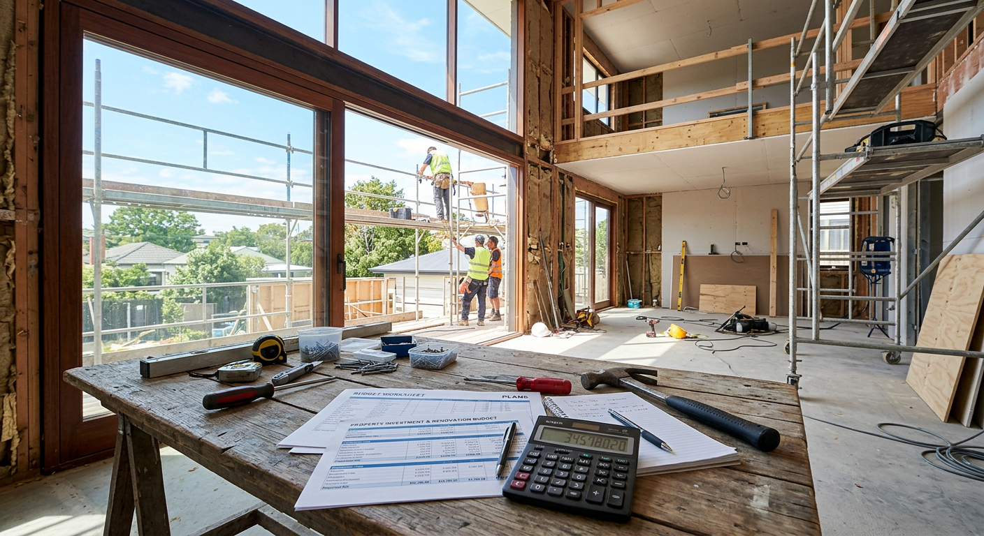 A modern house under renovation, with construction tools and financial documents scattered around.
