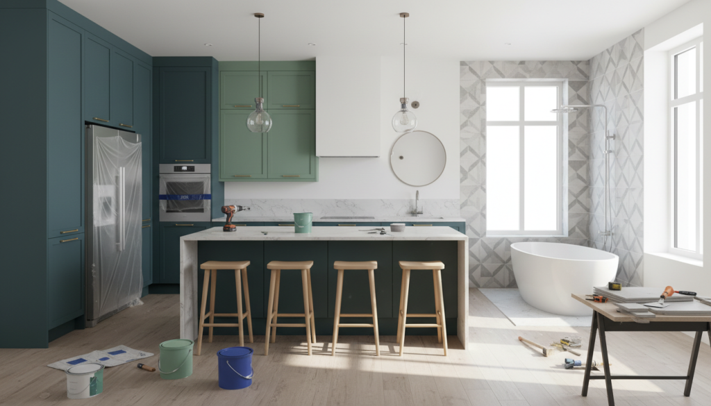 A modern kitchen and bathroom under renovation with tools and materials visible.