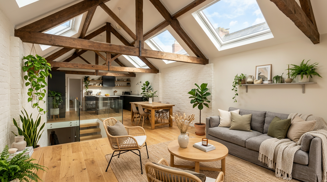 A modern loft conversion with stylish furnishings and natural light streaming through skylights.
