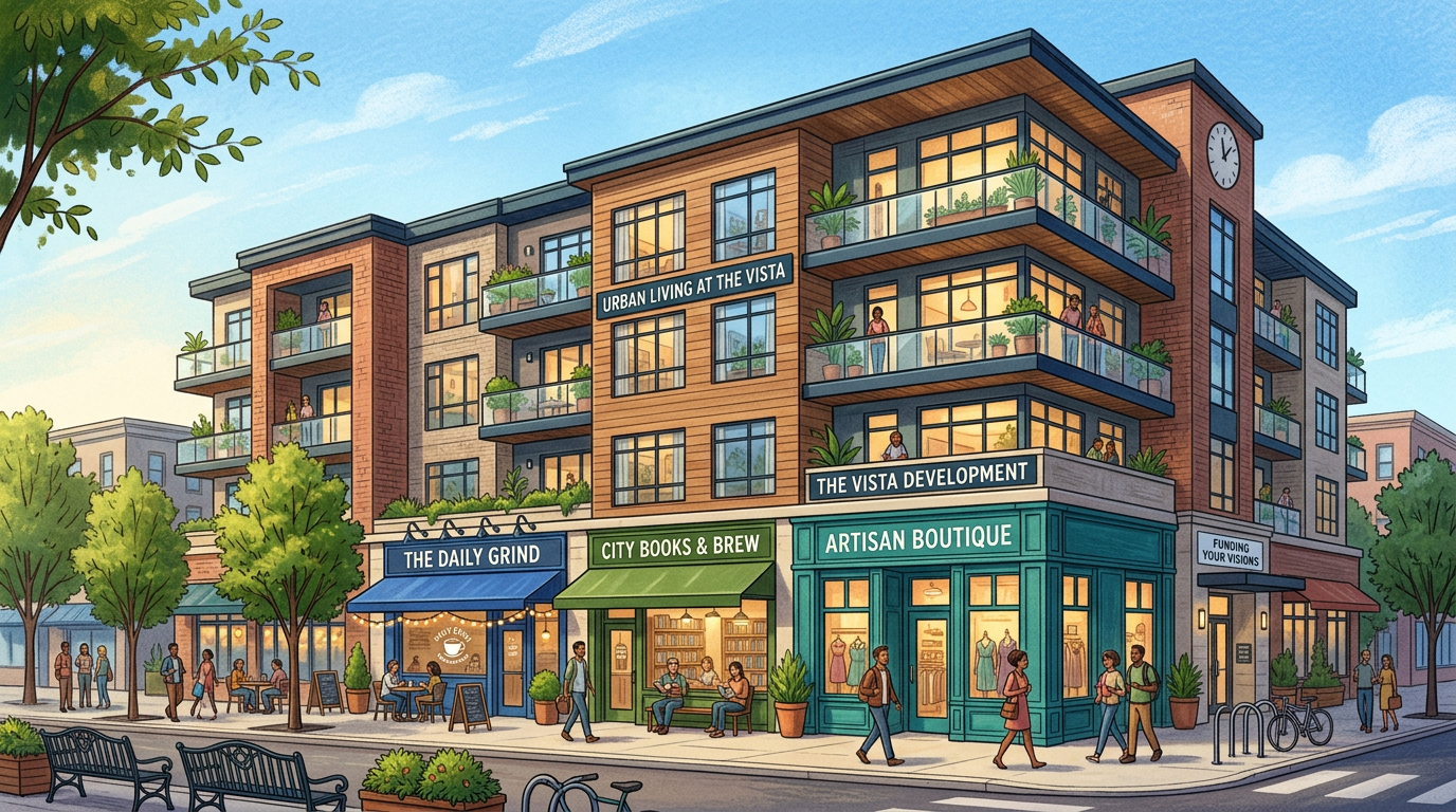 A modern mixed-use property with storefronts and apartments, showcasing various funding options.