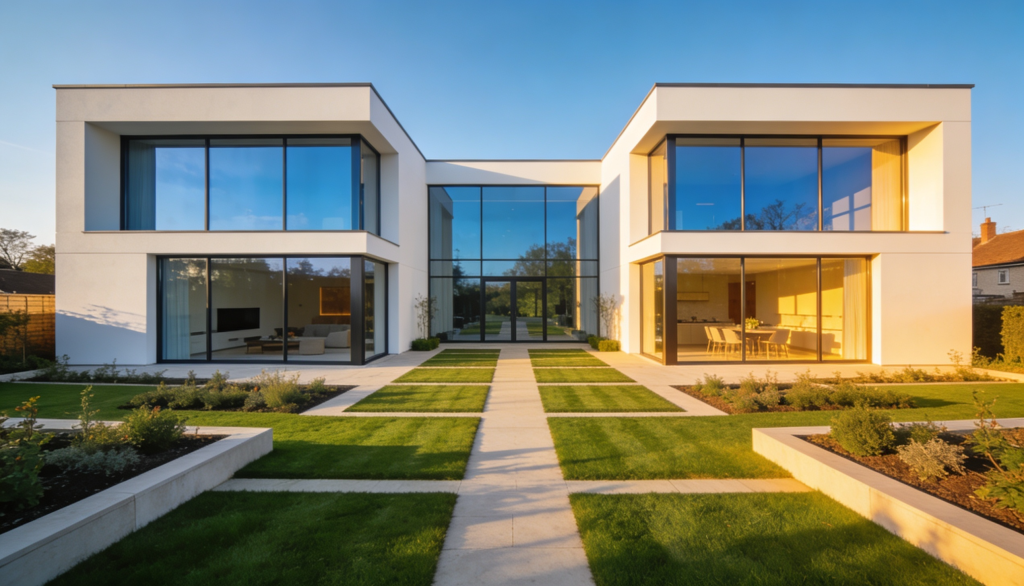 A modern new build home with a 'For Sale' sign in the UK, surrounded by a green landscape.